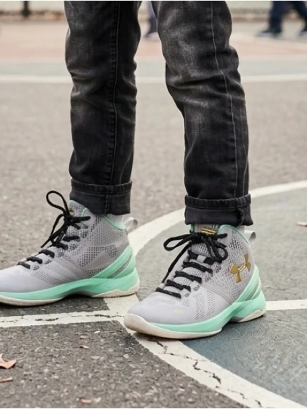 Under Armour Kids Streetwear Gray and Mint Green Athletic Basketball Shoes. 1